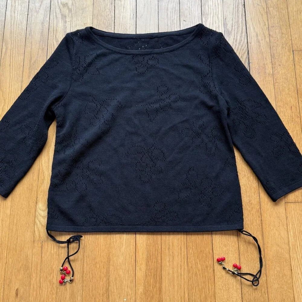 VTG St. John Size S Black Wool Knit 3/4 Sleeve Boat Neck Top w/ Red Beaded Tie